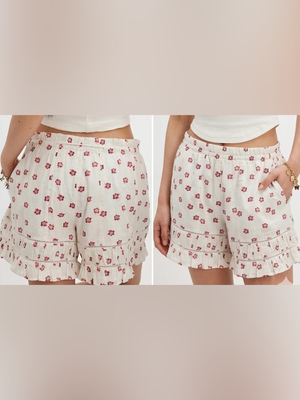 Free People Cream Floral Ruffle Drawstring High-Waist Shorts with pockets NWT